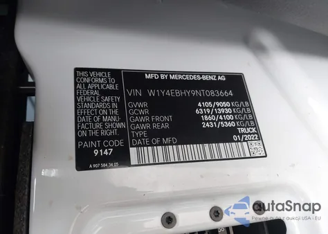 2022 Mercedes-Benz Sprinter 2500 Standard Roof V6 из США, поврежденный, VIN W1Y4EBHY9NT083664